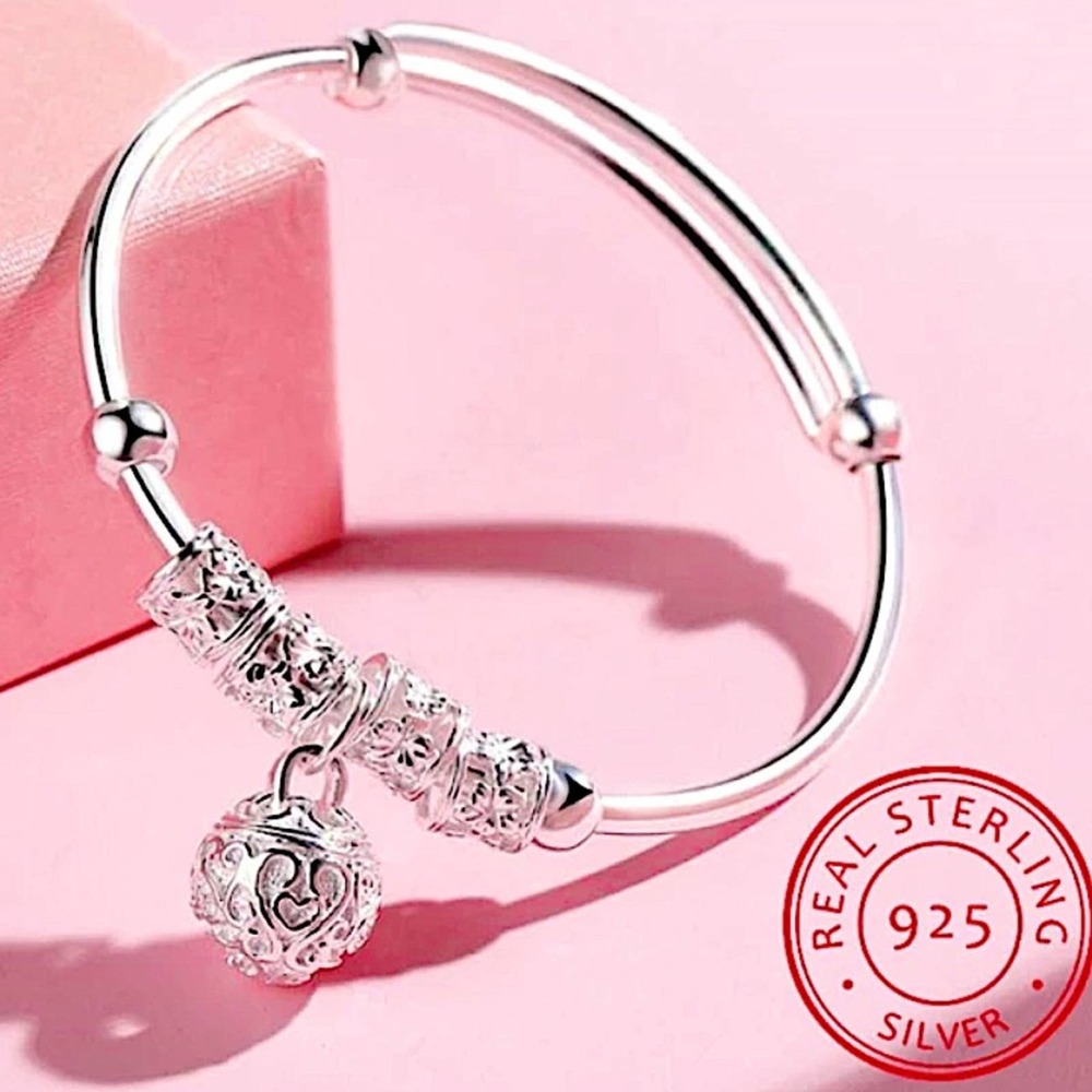 Boho Sterling Silver Resizable Ball Charm Bangle Bracelet - Picture 5 of 14